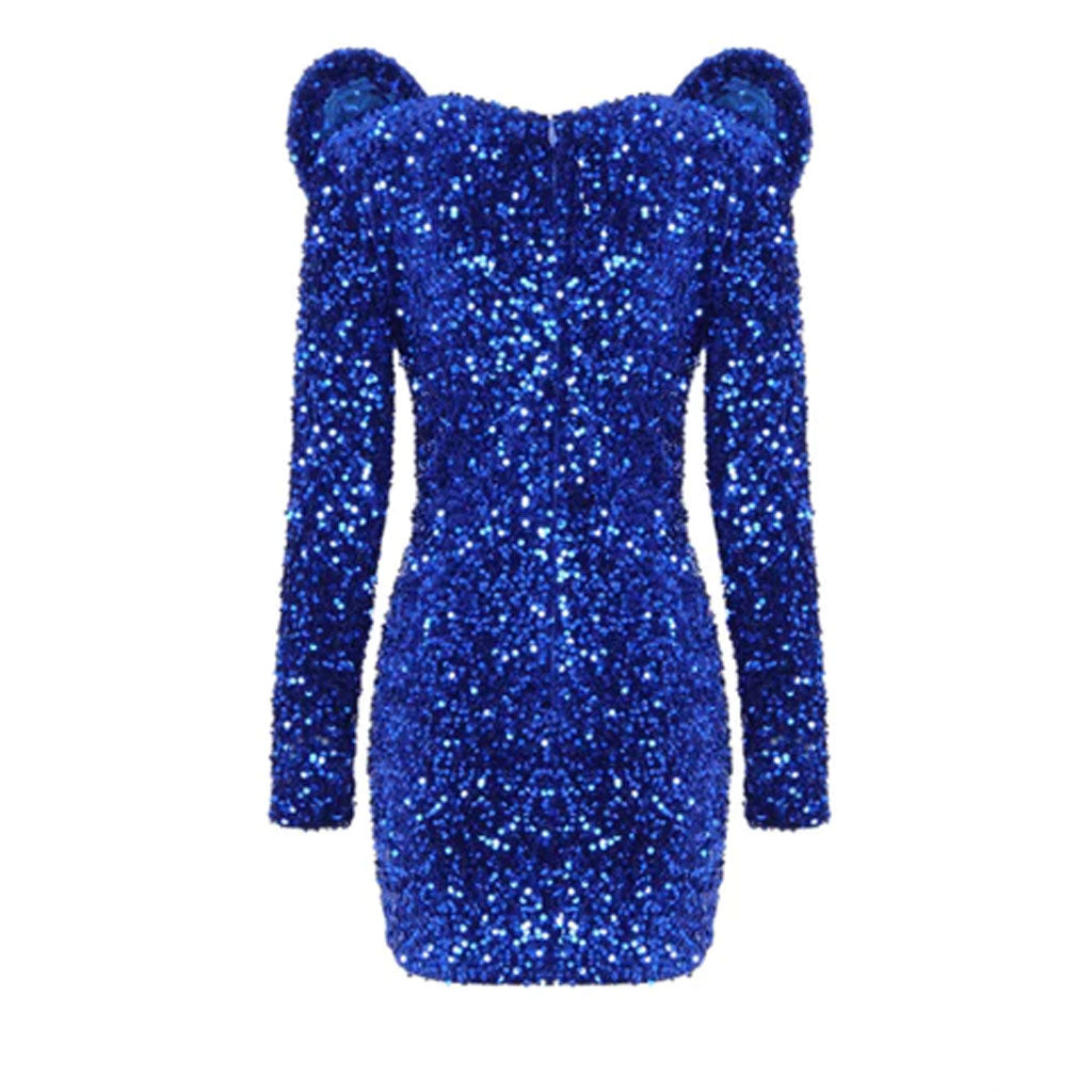 Robe courte à paillettes et col plongeant à paillettes et manches longues - Bleu royal