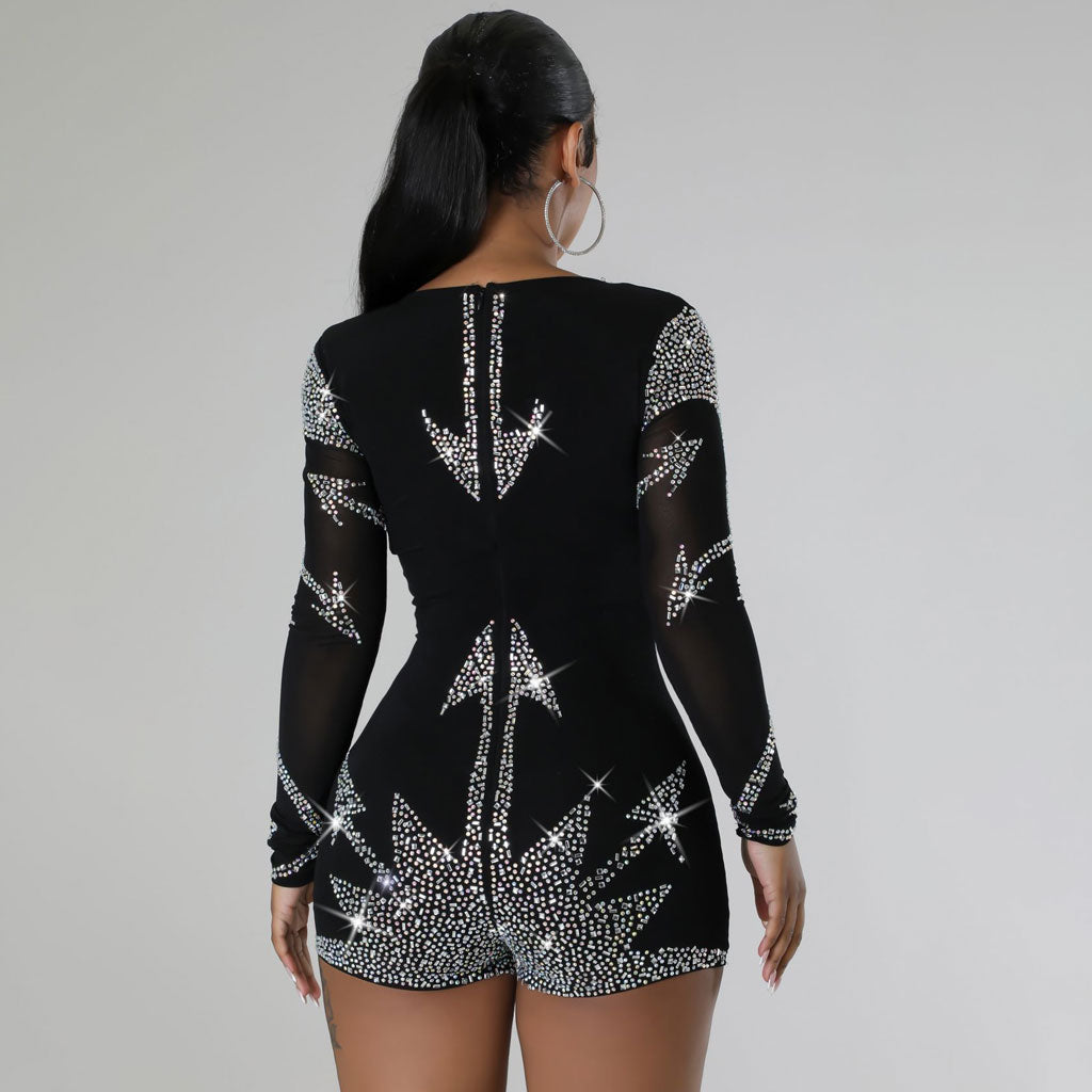 Sparkly Crystal Accent Sweetheart Neck Sheer Long Sleeve Bodycon Party Romper