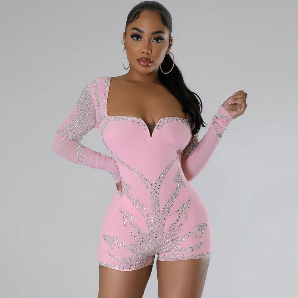 Sparkly Crystal Accent Sweetheart Neck Sheer Long Sleeve Bodycon Party Romper