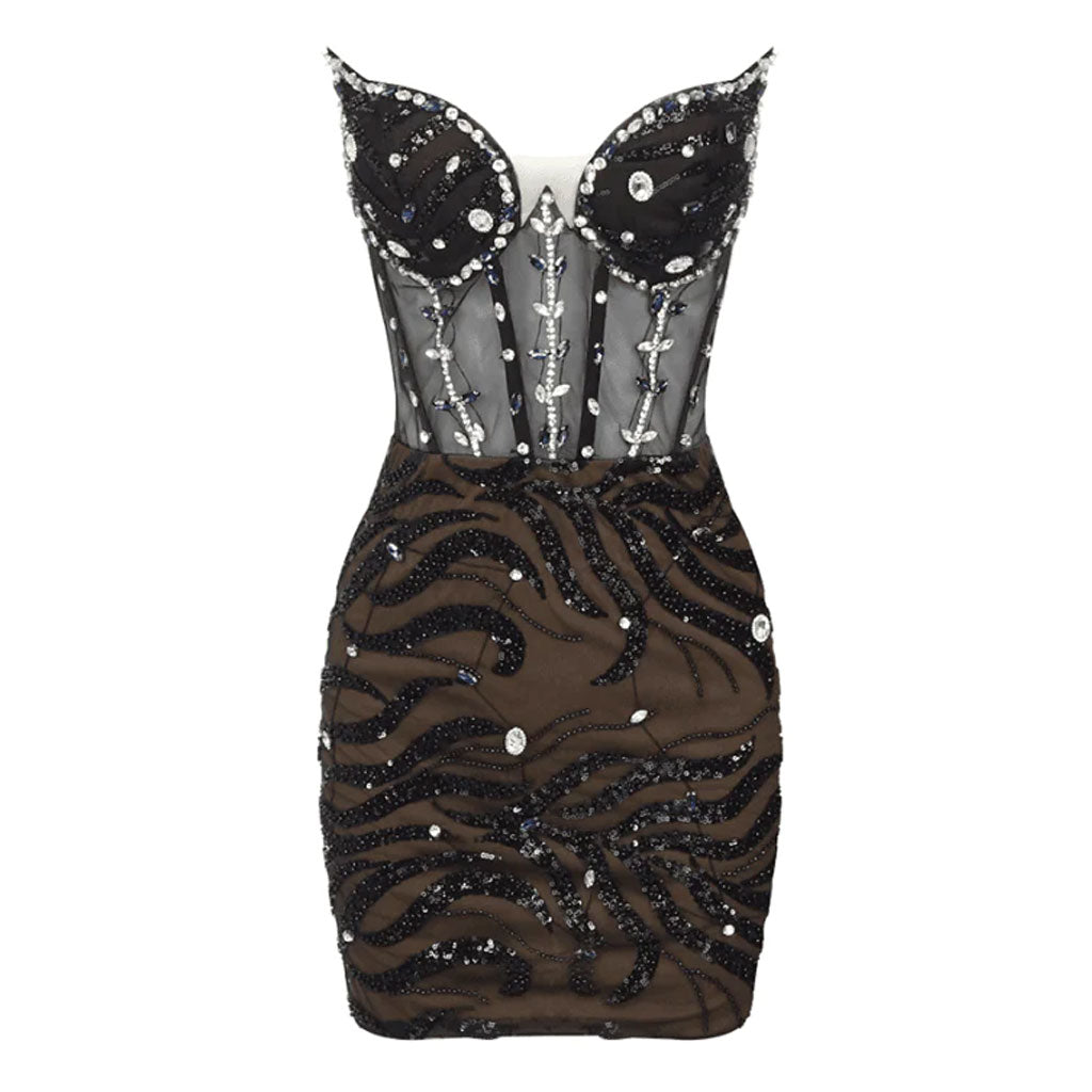 Robe de soirée mini bustier froncée en maille transparente avec cristaux scintillants et paillettes