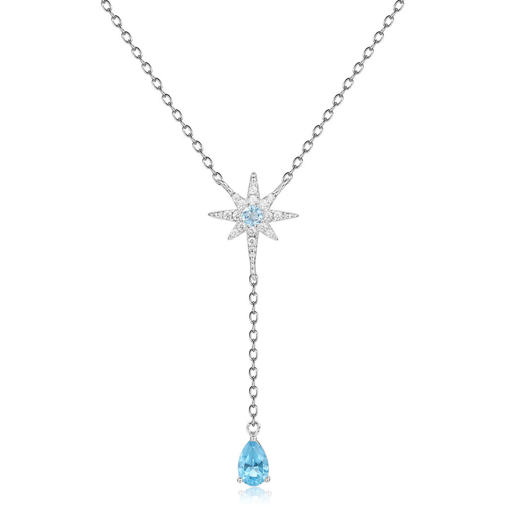 Sparkly Crystal Cubic Zirconia Star Blue Topaz Heart Pendant NeckLace