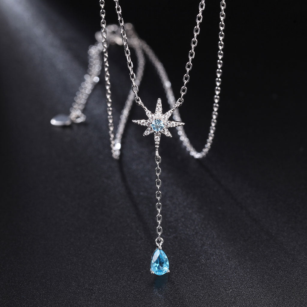 Sparkly Crystal Cubic Zirconia Star Blue Topaz Heart Pendant NeckLace