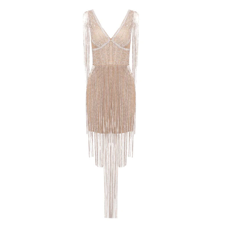 Sparkly Crystal Detail Deep V Neck Sleeveless Bodycon Fringe Mini Party Dress