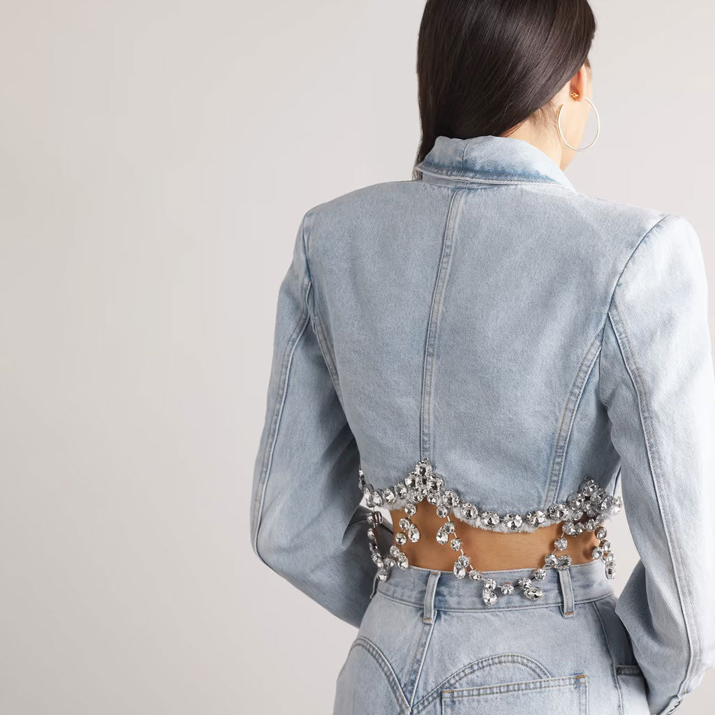 Sparkly Crystal Embellished Lapel Collar Long Sleeve Cropped Denim Blazer