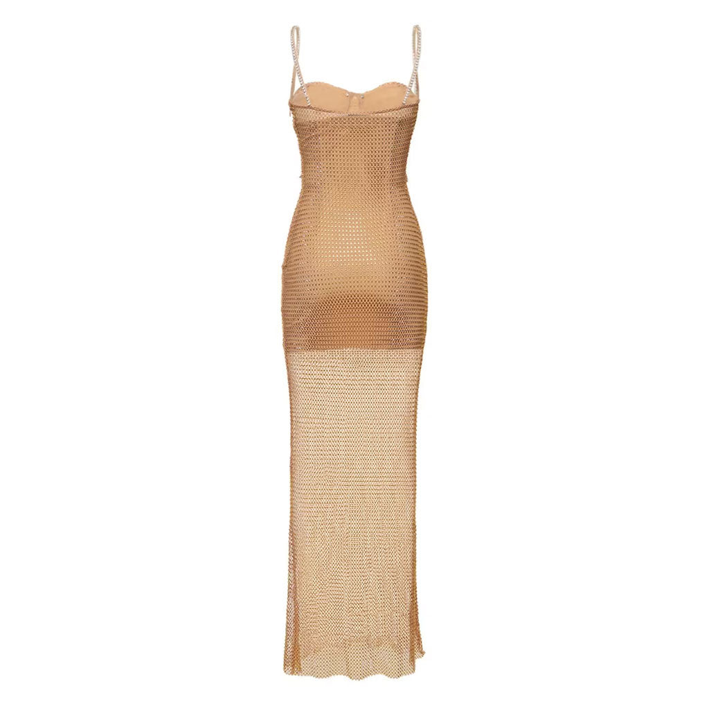 Sparkly Crystal Embellished Sweetheart Neck Sleeveless Fishnet Mesh Maxi Dress