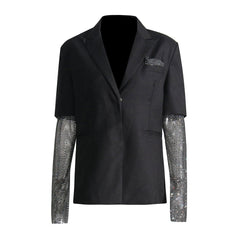 Sparkly Crystal Mesh Sleeve Peak Lapel Collar Shoulder Pad Hybrid Blazer