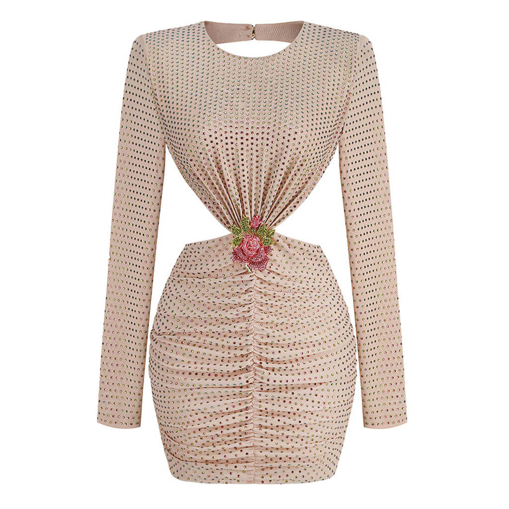 Sparkly Crystal Rosette Corsage CutOut Backless Padded Long Sleeve Mini Party Dress