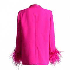 Sparkly Crystal Shawl Collar Faux Feather Trim Long Sleeve Single Button Tailored Blazer