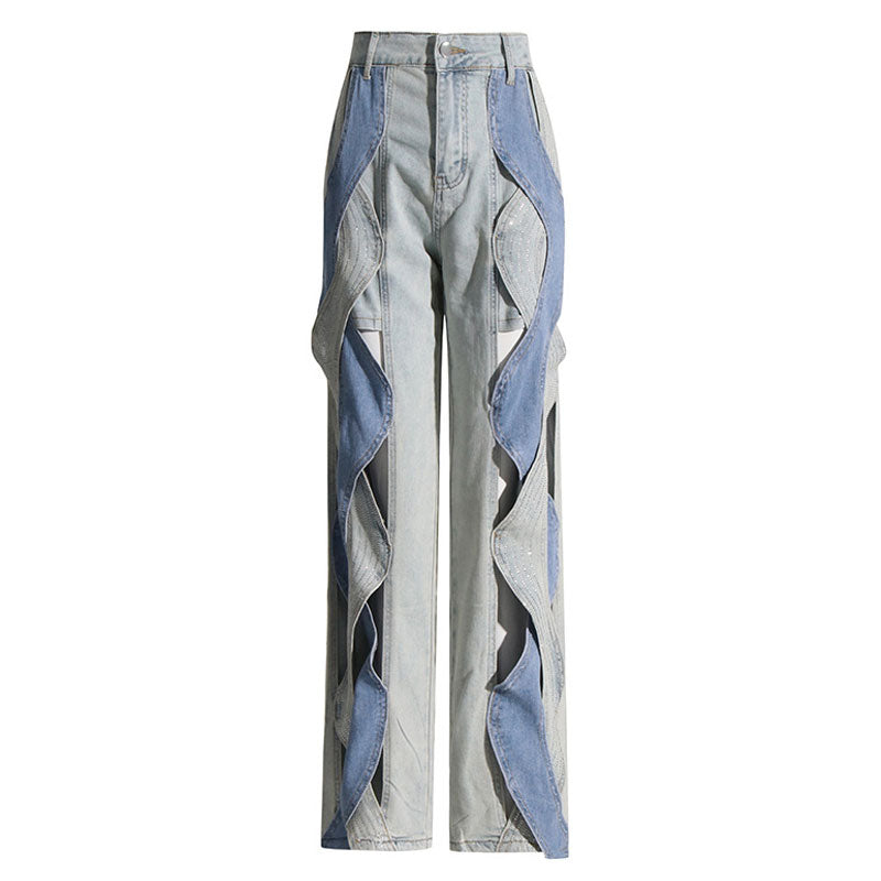 Sparkly Crystal Wavy CutOut High Waist Two Tone Wide Leg Denim Pants