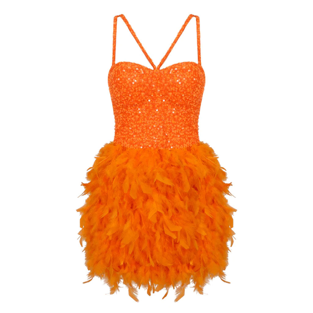 Sparkly CutOut Sequined Bustier Sleeveless Faux Feather Trim Mini Party Dress