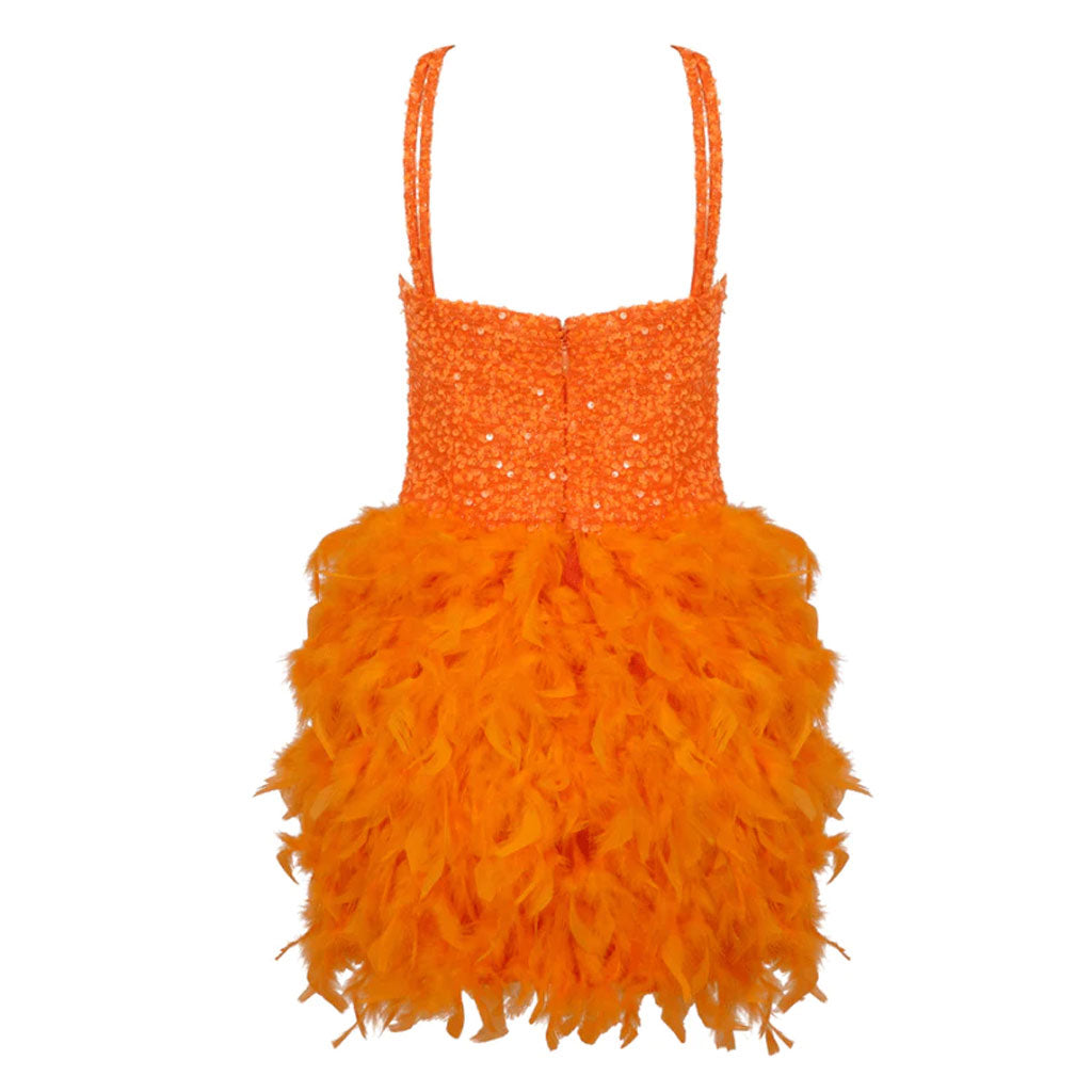 Sparkly CutOut Sequined Bustier Sleeveless Faux Feather Trim Mini Party Dress