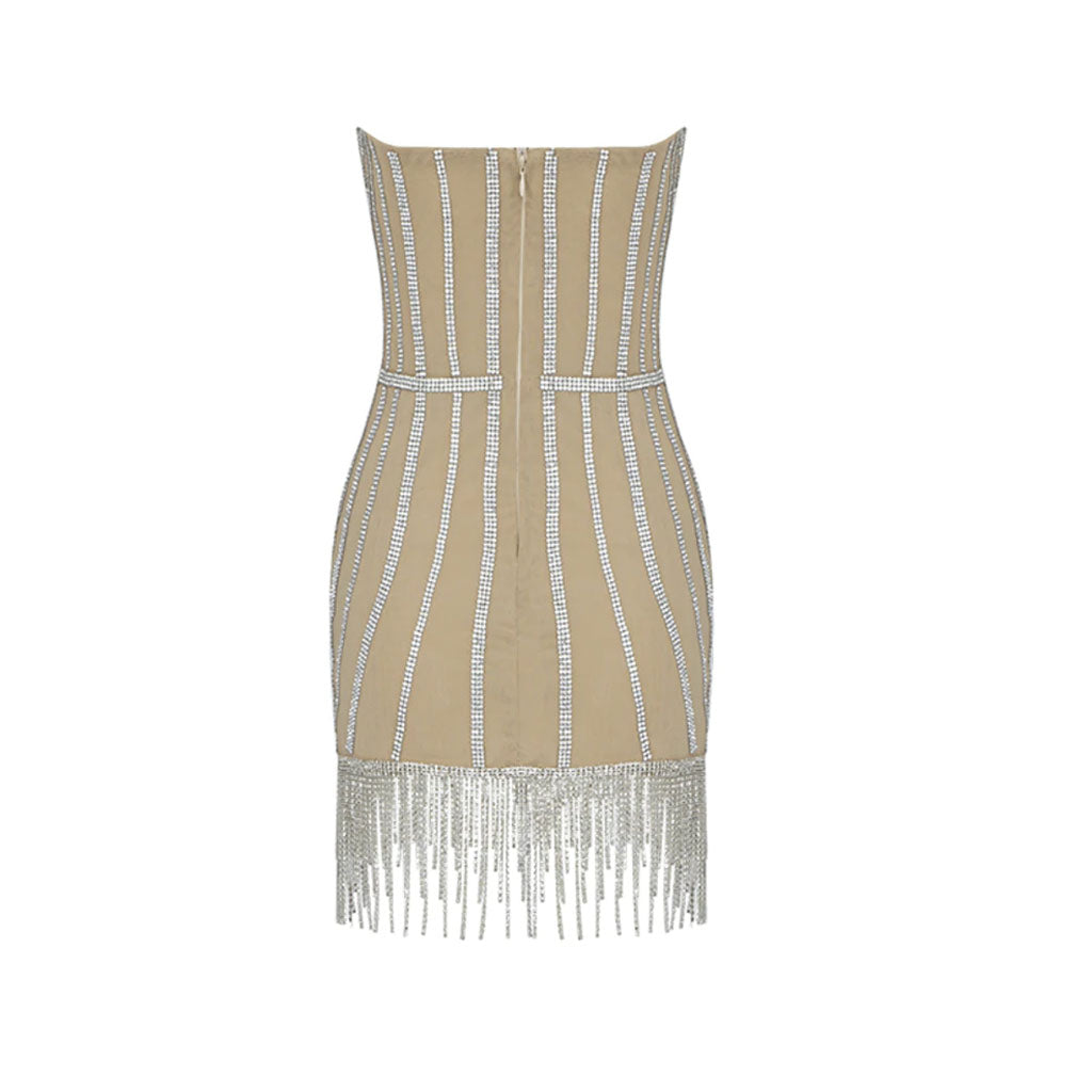 Sparkly Embellished Off Shoulder Fringe Cocktail Mini Dress - Beige