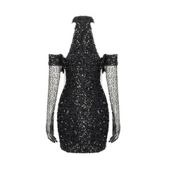 Sparkly Mock Neck Feather Trim Bra Cross CutOut Sheer Mesh Glove Sequin Mini Dress