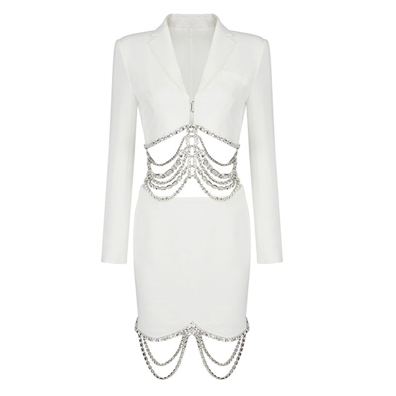 Sparkly Rhinestone Chain High Waist Deep V Blazer Matching Set - White