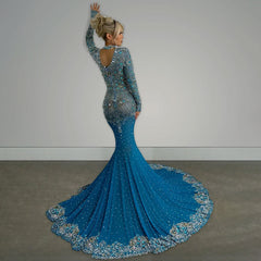 Sparkly Rhinestone Embellished High Neck Long Sleeve Mesh Mermaid Maxi Evening Dress