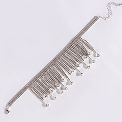 Sparkly Rhinestone Embellished Waterfall Fringe Choker NeckLace - Silver