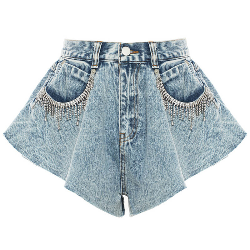 Glitzernde Jeansshorts mit Fransen und hoher Taille, Rüschen und weitem Bein