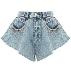 Short en jean à taille haute avec franges et strass scintillants et jambes larges