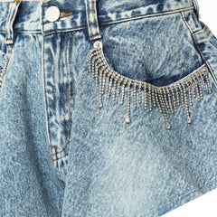 Short en jean à taille haute avec franges et strass scintillants et jambes larges