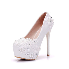 Sparkly Rhinestone Petal Embellished High Heel Platform Pumps - White