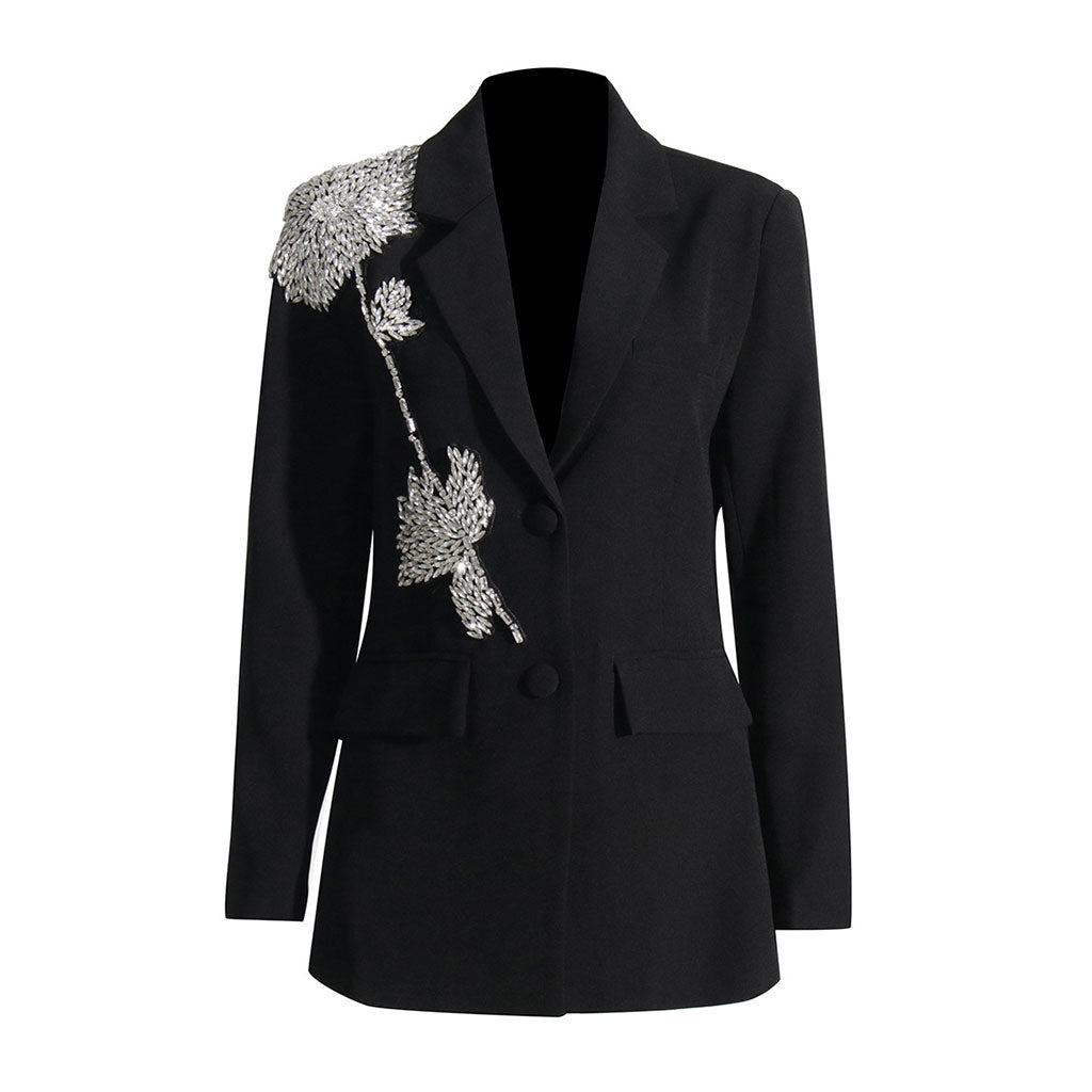 Sparkly Rhinestone Rose Detail Lapel Collar Single Breasted Blazer