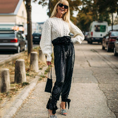 Pantalon taille haute à ceinture et sequins scintillants avec lien à la cheville - Noir