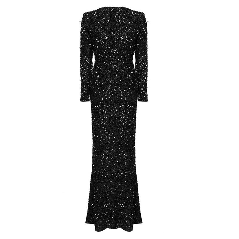 Maxi-Abendkleid mit glitzernden Pailletten, tiefem V-Ausschnitt, Perlenfransen und hohem Schlitz