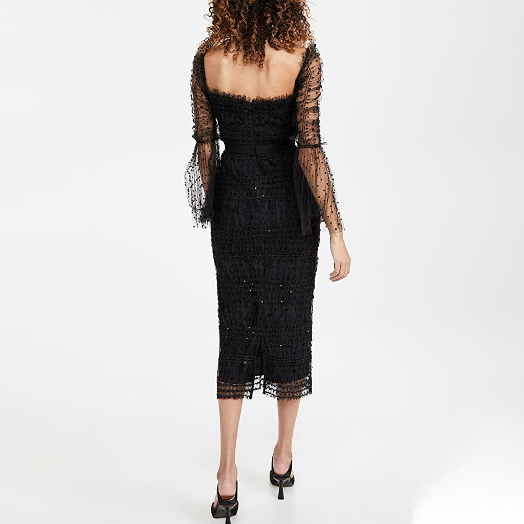 Sparkly Sequin Flocked Dotted Tulle Cocktail Midi Dress - Black