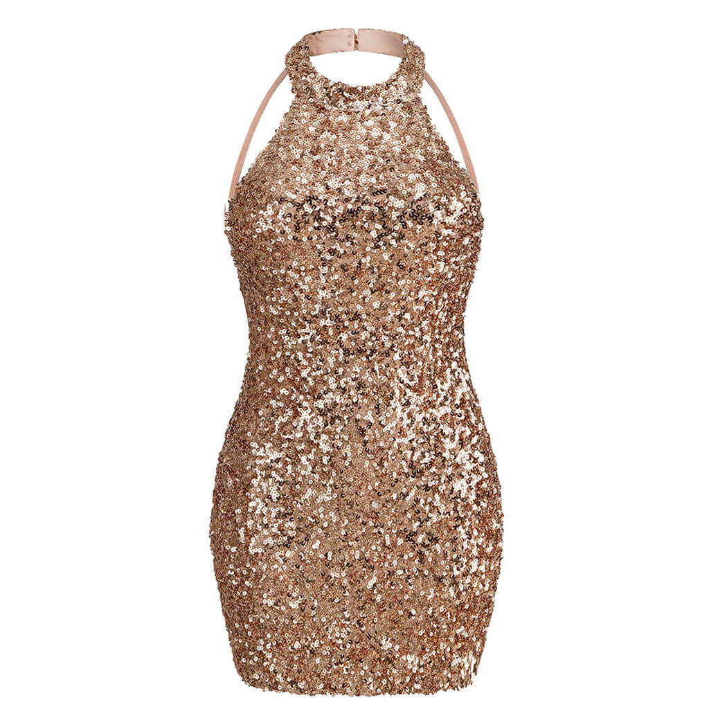 Rückenfreies, figurbetontes Minikleid mit glitzernden Pailletten und Neckholder - Champagner