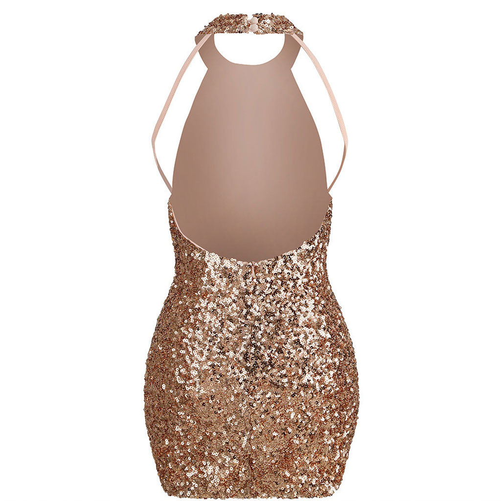 Backless Neck String Mini Sparkly Sequin Halter Neck Backless Bodycon Mini Dress - Champagne ...