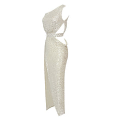 Glitzerndes, Paillettenbesetztes Maxi-Abendkleid mit One-Shoulder-Träger, Cut-Out, drapiertem hohem Schlitz