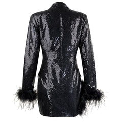 Sparkly Sequin Peak Lapel V Neck Long Sleeve Split Feather Trim Long Blazer