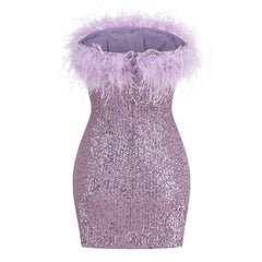 Sparkly Sequin Solid Color Feather Trim Strapless Bodycon Mini Party Dress