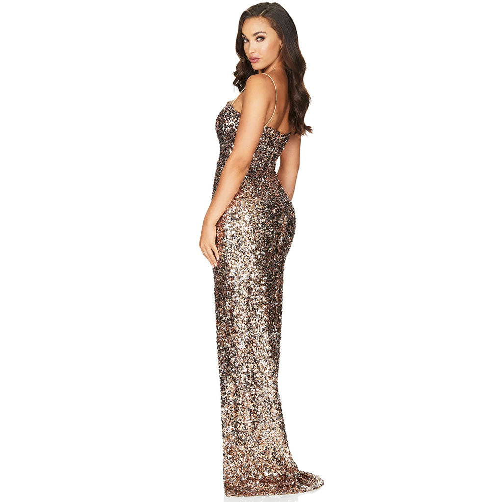 Glitzerndes Pailletten-Camisole-Maxikleid mit quadratischem Ausschnitt und Seitenschlitz - Gold