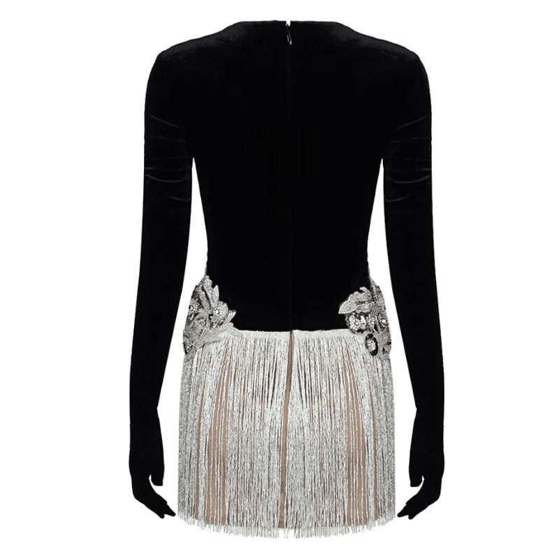 Sparkly Sequined Floral Plunge Neck Full Glove Velvet Mesh Mini Fringe Dress