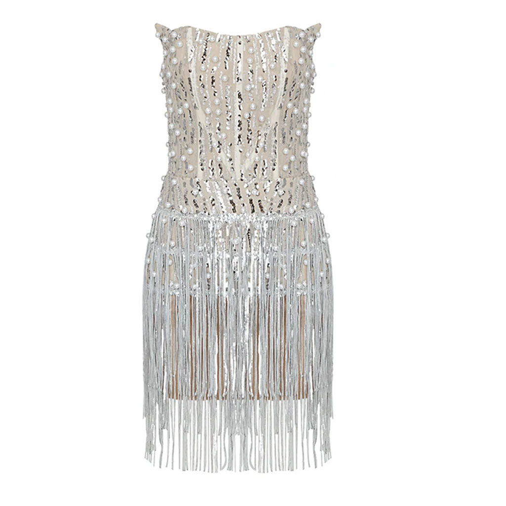 Sparkly Strapless Beaded Rhinestone Fringe Mini Dress - Beige