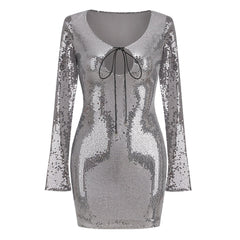 Sparkly Tie Front Keyhole Round Neck Shoulder Pad Split Long Sleeve Mini Sequin Dress