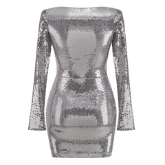 Sparkly Tie Front Keyhole Round Neck Shoulder Pad Split Long Sleeve Mini Sequin Dress