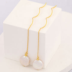 Spiral Wire Threader Cable Chain Coin Baroque Pearl Drop Earrings