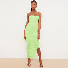 Robe longue de cocktail à col carré et fente haute en maille froncée - Vert