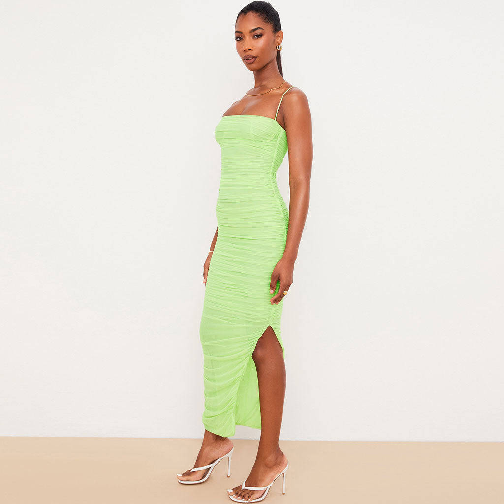 Robe longue de cocktail à col carré et fente haute en maille froncée - Vert