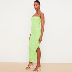 Robe longue de cocktail à col carré et fente haute en maille froncée - Vert