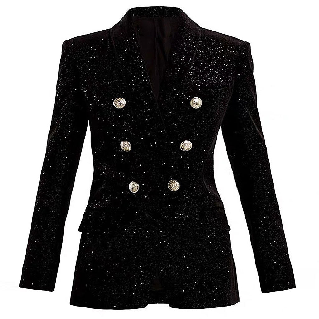 Starry Detail Shawl Collar Double Breasted Padded Long Sleeve Velvet Tailored Blazer