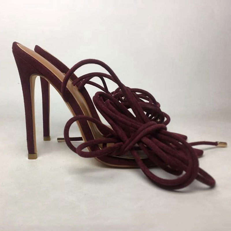 Strappy Lace Up Ankle Tie Pointed Toe Suede Heeled Sandals - Burgundy