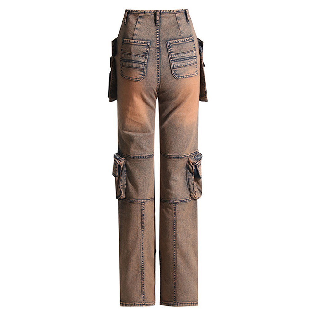 Street Distressed Cargo-Jeans mit Klappentasche, Reißverschluss, geteiltem Saum und geradem Bein