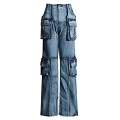 Street Distressed Cargo-Jeans mit Klappentasche, Reißverschluss, geteiltem Saum und geradem Bein