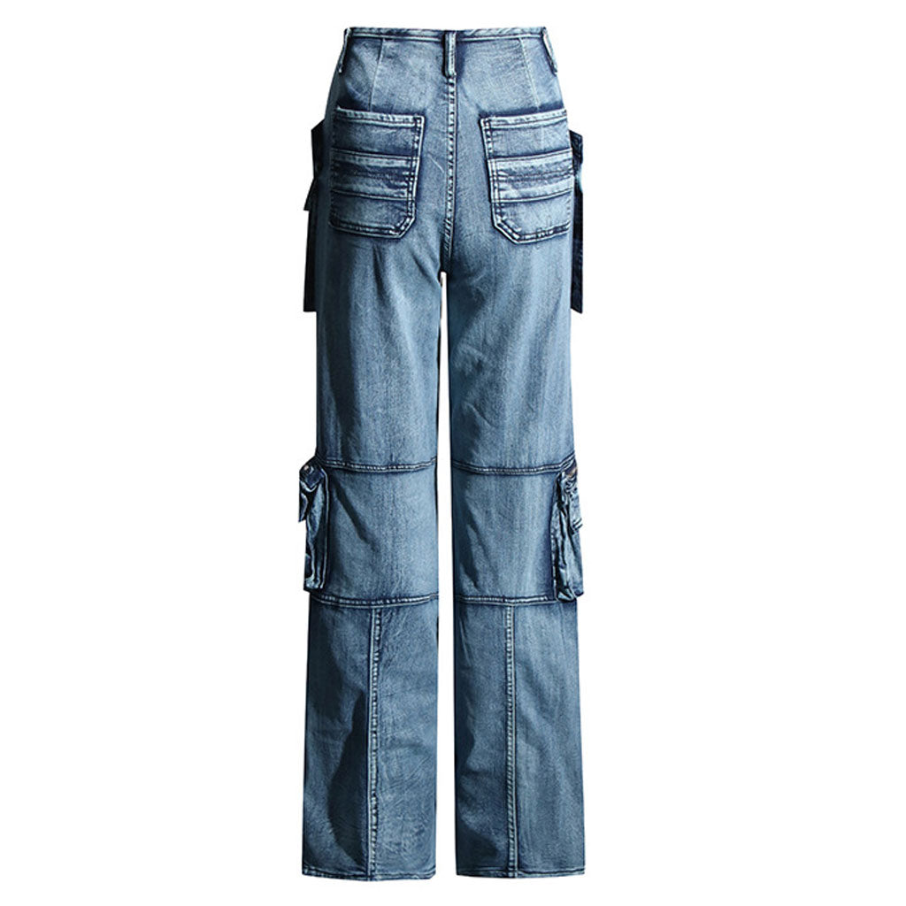 Street Distressed Cargo-Jeans mit Klappentasche, Reißverschluss, geteiltem Saum und geradem Bein