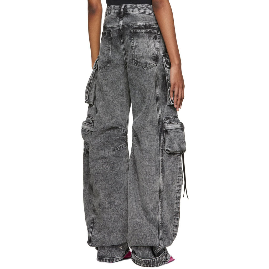 Street Style Acid Wash Multiple Pocket Wide Leg Cargo Denim Jeans