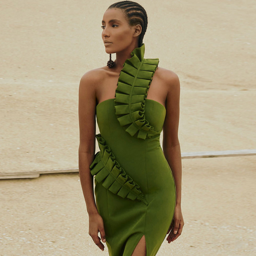 Striking Ruffle Detail One Shoulder Slit Bandage Midi Dress - Green