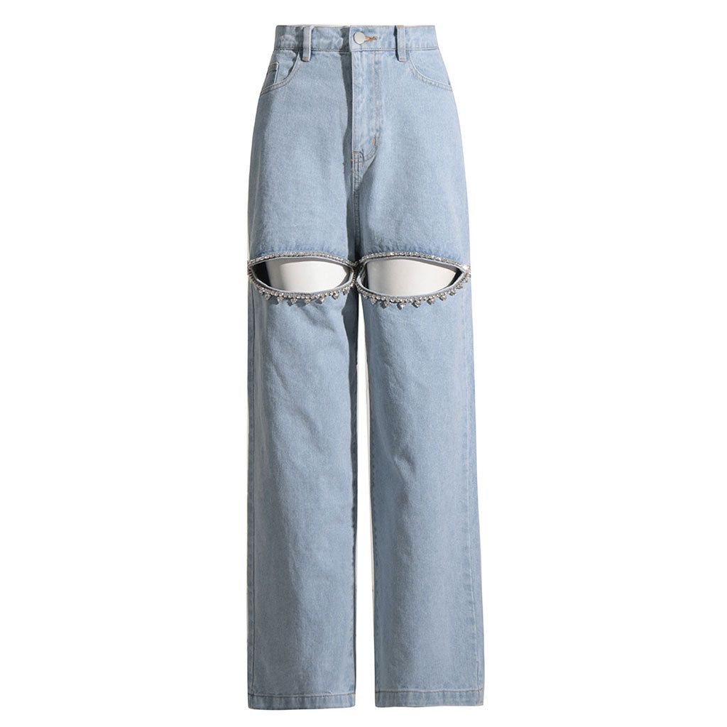 Stilvolle, kristallverzierte, hoch taillierte Jeans mit Cut-Outs und geradem Bein